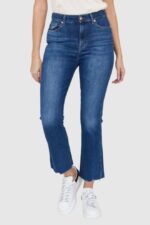 7 FOR ALL MANKIND Ciemnoniebieskie jeansy damskie z poszarpanymi nogawkami HW Slim Kick-wyprzedaż