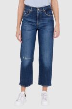 7 FOR ALL MANKIND Granatowe jeansy z poszerzoną nogawką i przetarciami THE MODERN STRAIGHT HERO-wyprzedaż