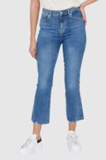 7 FOR ALL MANKIND Jasnoniebieskie jeansy z poszarpanymi nogawkami HW Slim Kick-wyprzedaż