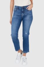 7 FOR ALL MANKIND Niebieskie jeansy z przetarciami i szeroką nogawką THE STRAIGHT CROP SLIM ILLUSION Outline-wyprzedaż