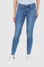 7 FOR ALL MANKIND Niebieskie jeansy z wysokim stanem i poszarpanymi nogawkami HW SKINNY SLIM ILLUSION Stride-wyprzedaż