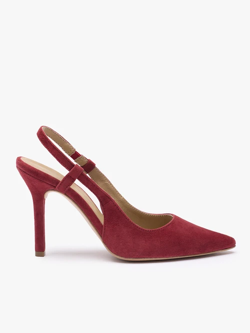 Bordowe czółenka slingback bez pięty ze skóry welurowej-wyprzedaż