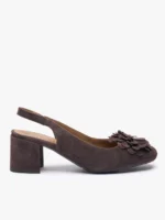 Ciemnobrązowe czółenka bez pięty slingback z kwiatem-wyprzedaż