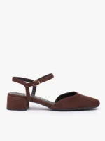 Ciemnobrązowe czółenka slingback na niskim słupku-wyprzedaż