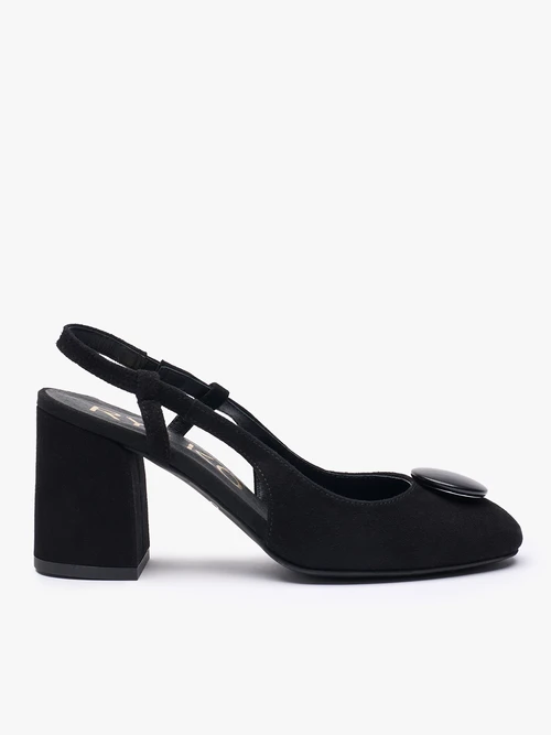 Czarne welurowe czółenka slingback bez pięty z ozdobą-wyprzedaż