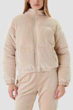 GUESS Beżowa zamszowa damska kurtka Couture Puffer
