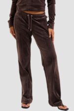 JUICY COUTURE Czekoladowe spodnie dresowe damskie z cyrkoniami Tina Outline