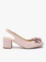 Jasnoróżowe czółenka bez pięty slingback z kwiatem-wyprzedaż